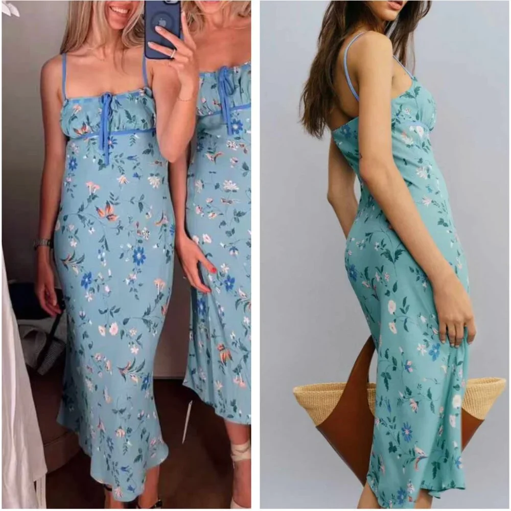 Reformation Camira Midi Dress Sz6 Burano Blue White Floral Causal French Party